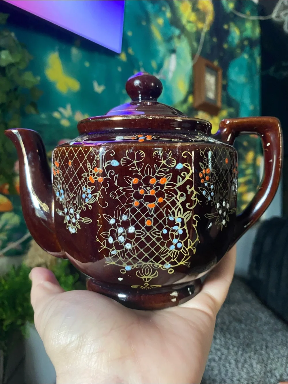 Hand-Painted Floral Brown Ceramic Teapot - Decorative Home Art